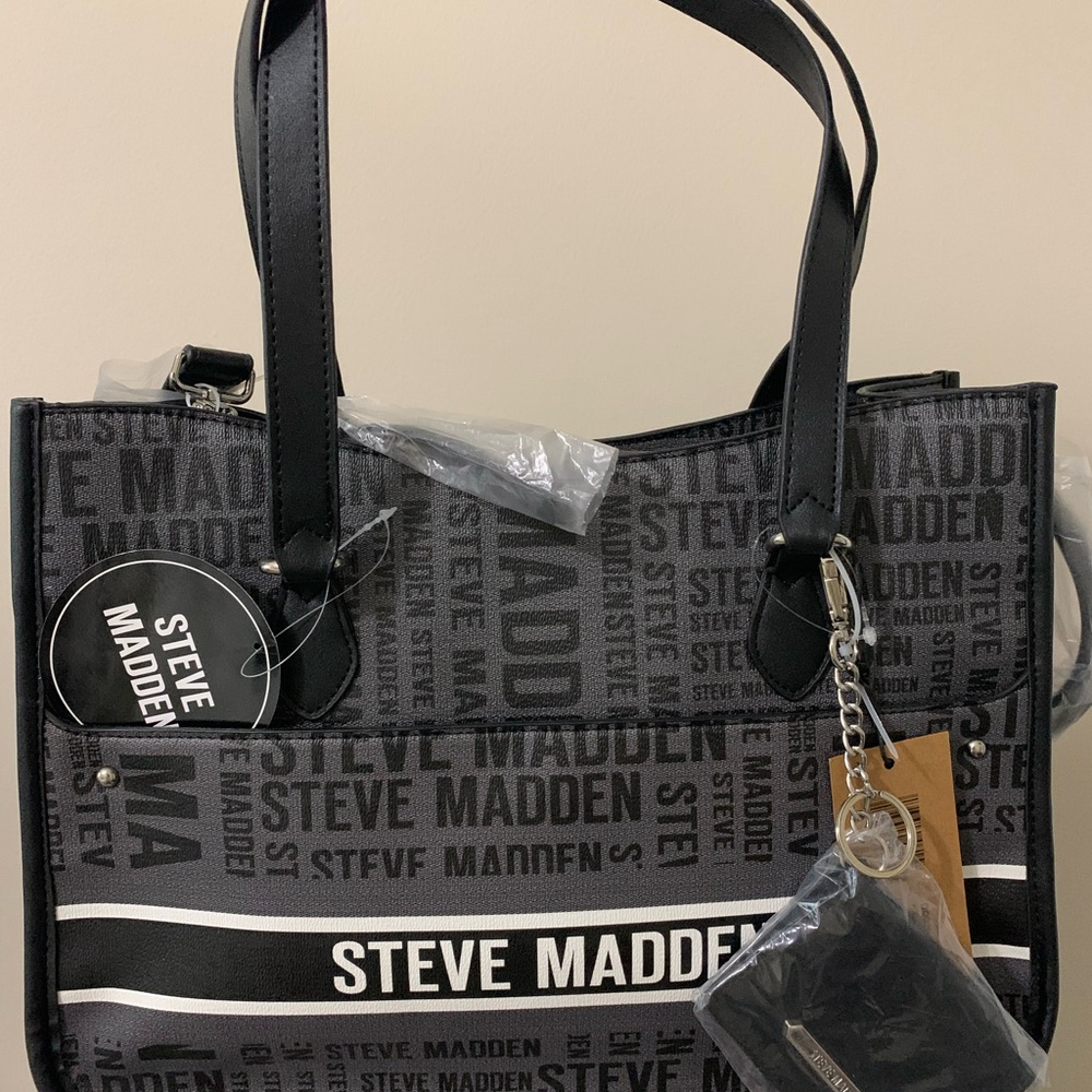Steve Madden Black and Gray BPierce Logo Tote